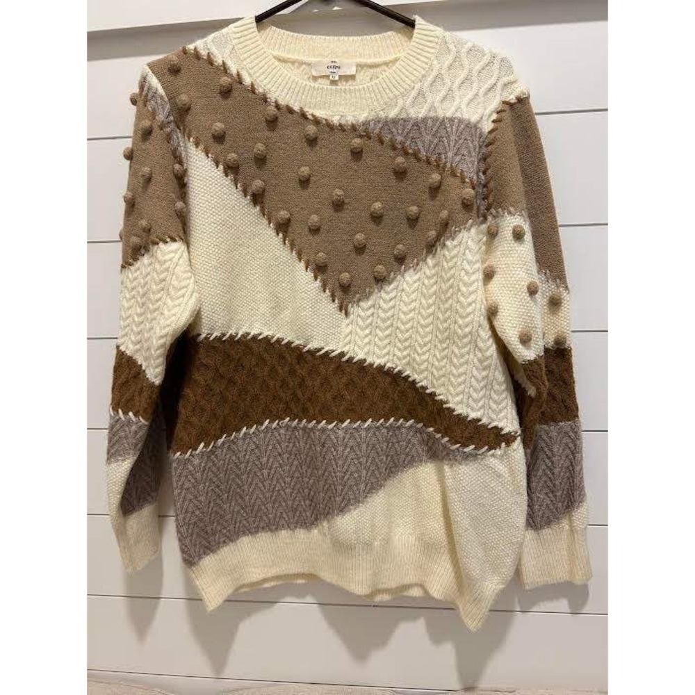 Womens Patchwork Cable Knit Popcorn Sweater Brown Cream M Western Langenlook